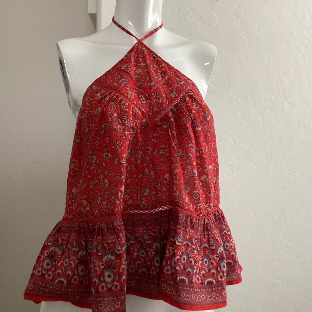 American Eagle NWT, L, tie neck halter top, red/blk floral print ruffled bottom